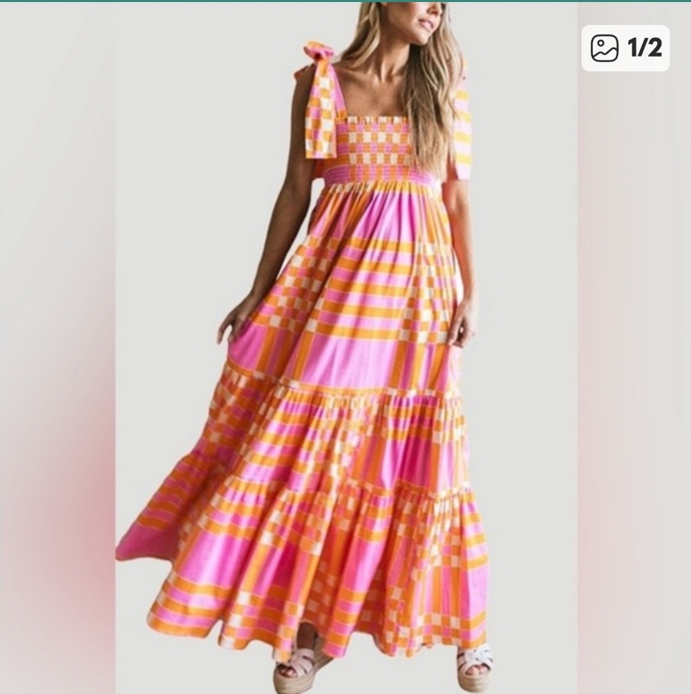 ***SALE***BOUTIQUE Pink & Orange Tiered Maxi Dress with Bow Straps